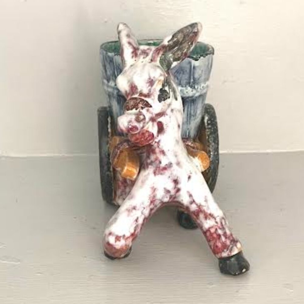 An Italian Figurine Donkey Vintage Ceramic Planter  Donkey With Cart